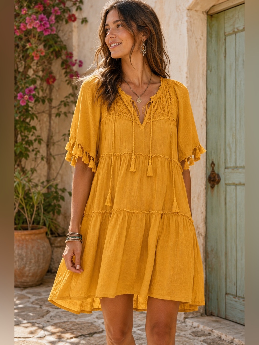 Sundance Catalog Brighton Dress Mustard Gold Boho Tassel Tiered Dress Size Small